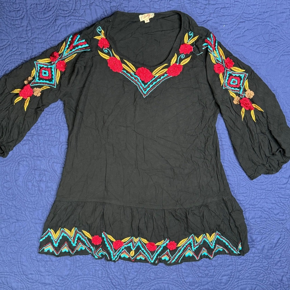 Scully Womens Black Embroidered Floral Boho Peasant Tunic Top Bell Sleeve Medium
